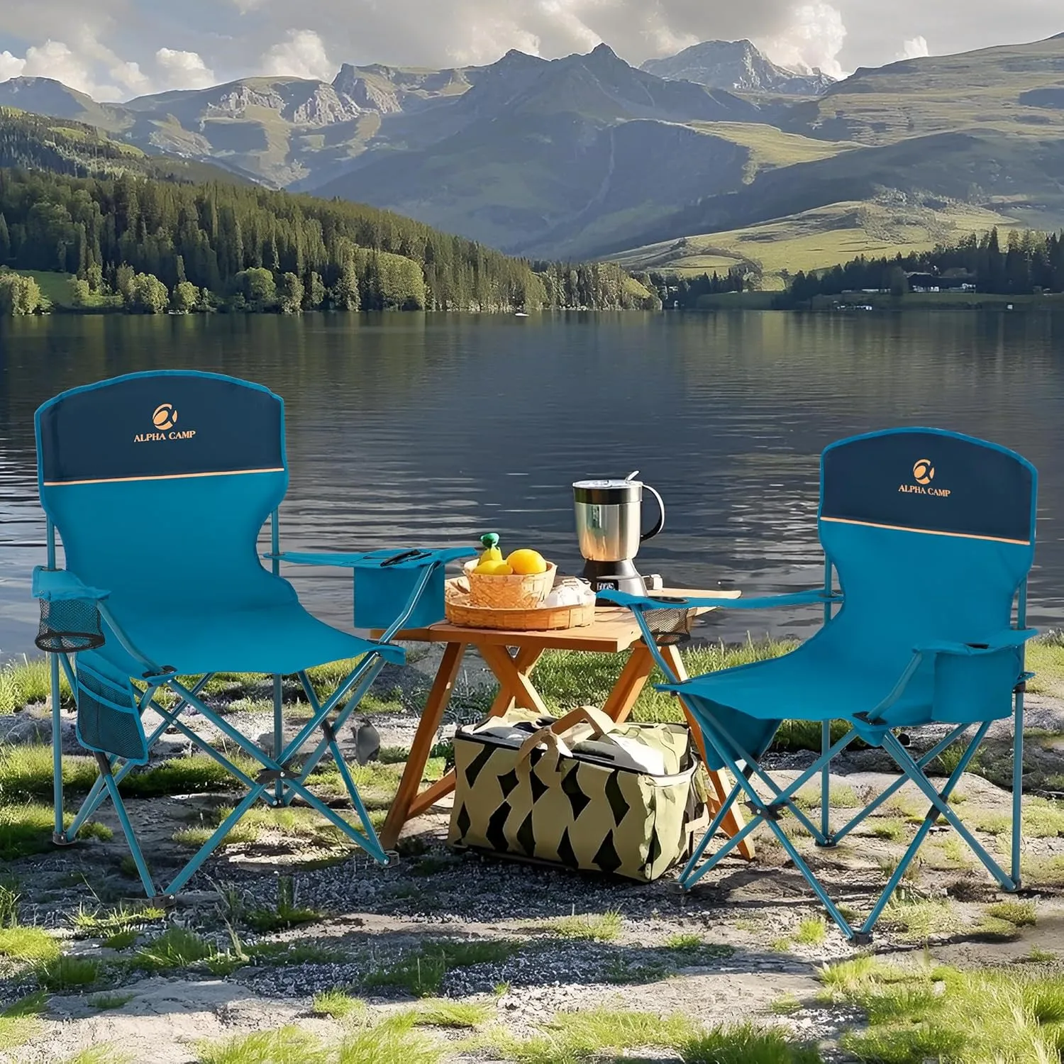 ALPHA CAMP Folding Camping Chairs for Adults Lawn Chairs Outdoor Chairs Support 225 LBS Portable Camp Chairs with Cup Holders Cooler Pouch for Outdoor, 2 Pack (Blue)