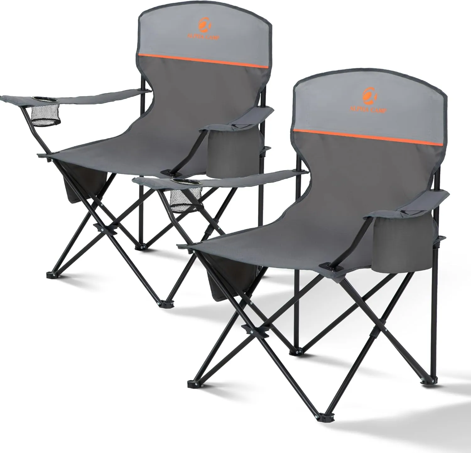 ALPHA CAMP Folding Camping Chairs for Adults Lawn Chairs Outdoor Chairs Support 225 LBS Portable Camp Chairs with Cup Holders Cooler Pouch for Outdoor, 2 Pack (Gray)
