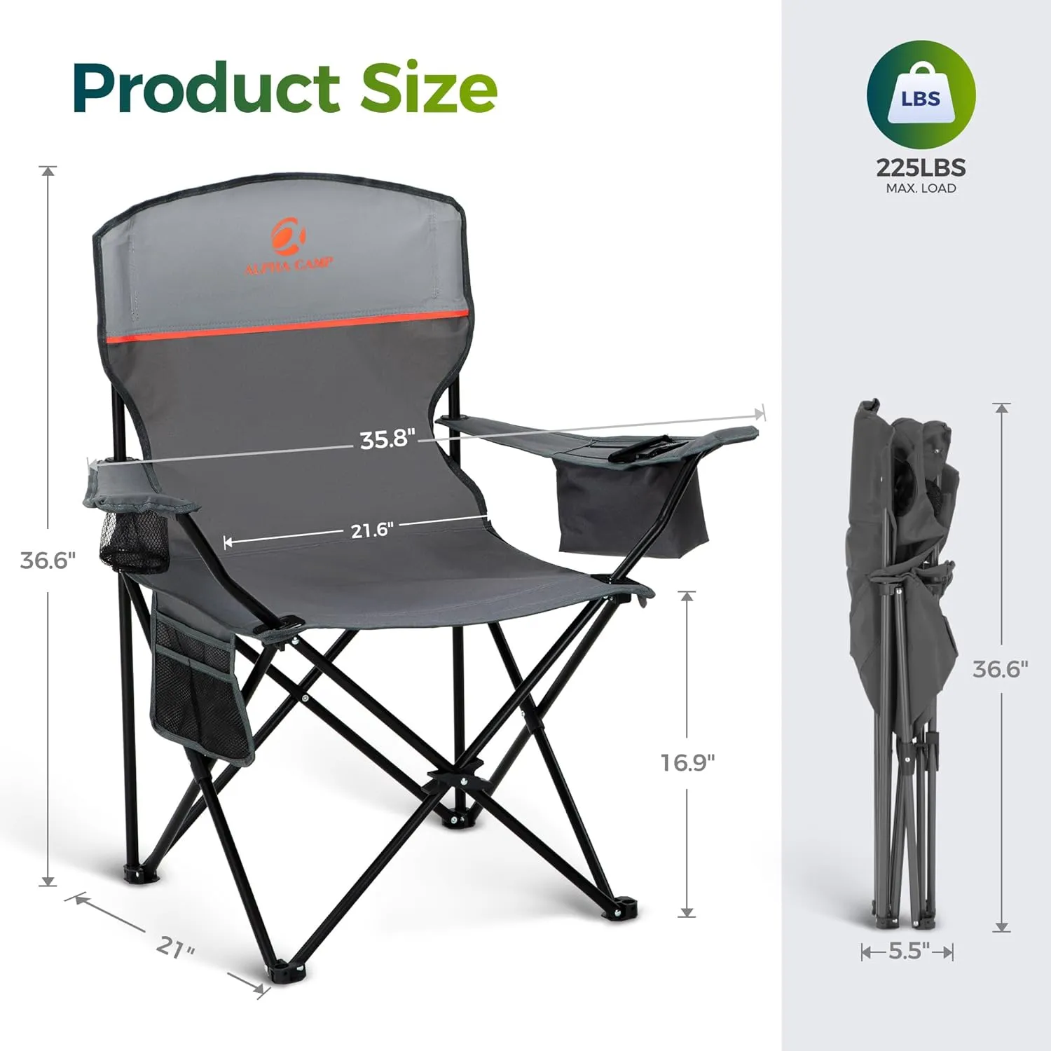 ALPHA CAMP Folding Camping Chairs for Adults Lawn Chairs Outdoor Chairs Support 225 LBS Portable Camp Chairs with Cup Holders Cooler Pouch for Outdoor, 2 Pack (Gray)