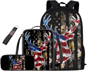 American Flag Backpack for School Boys Kids Bookbags with Lunch Box and Pencil Case Lightweight Elementary School Bags for Boys Casual Daypack 4 Pcs Primary Backpacks Set for Kids