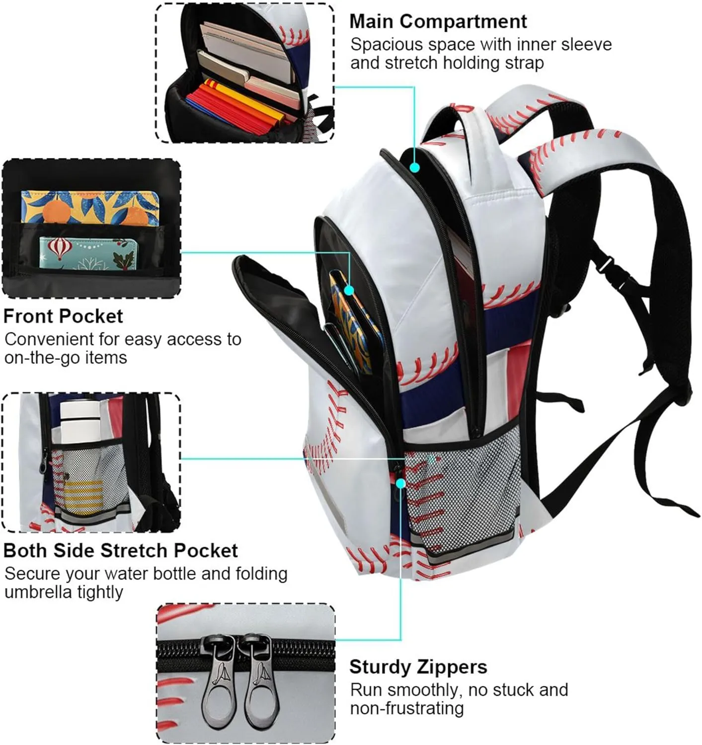 American Flag Baseball Printing Backpack for Student Kids Rucksack Boys Girls School Bag Travel Daypack