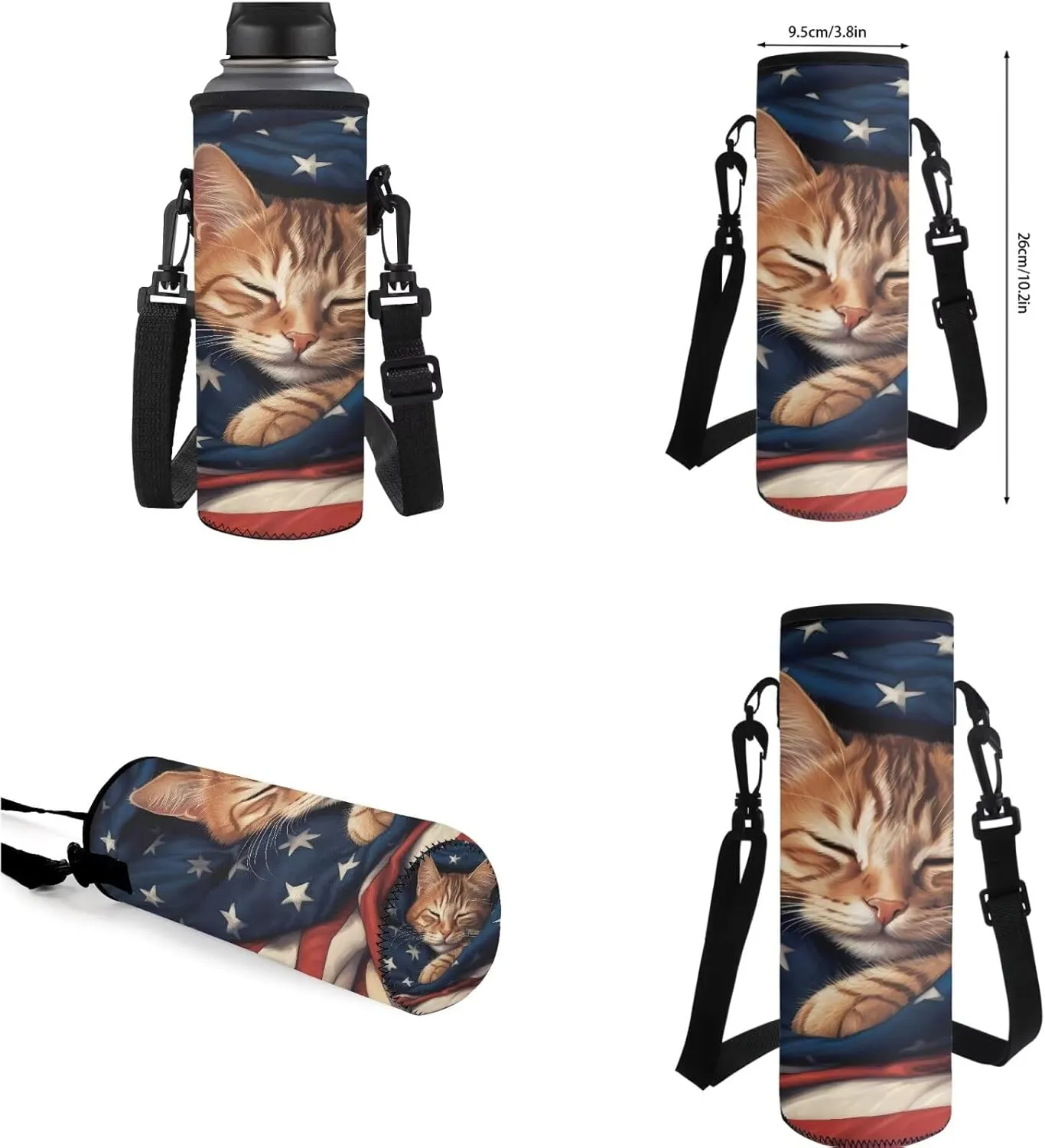 American Flag Cat Backpack for Girls Boys Backpack with Lunch Box Water Bottle Holder and Soft Pencil Pouch 4PCS Set Cute Bookbag with Compartments for School 17 inch Large School Bag for Kids
