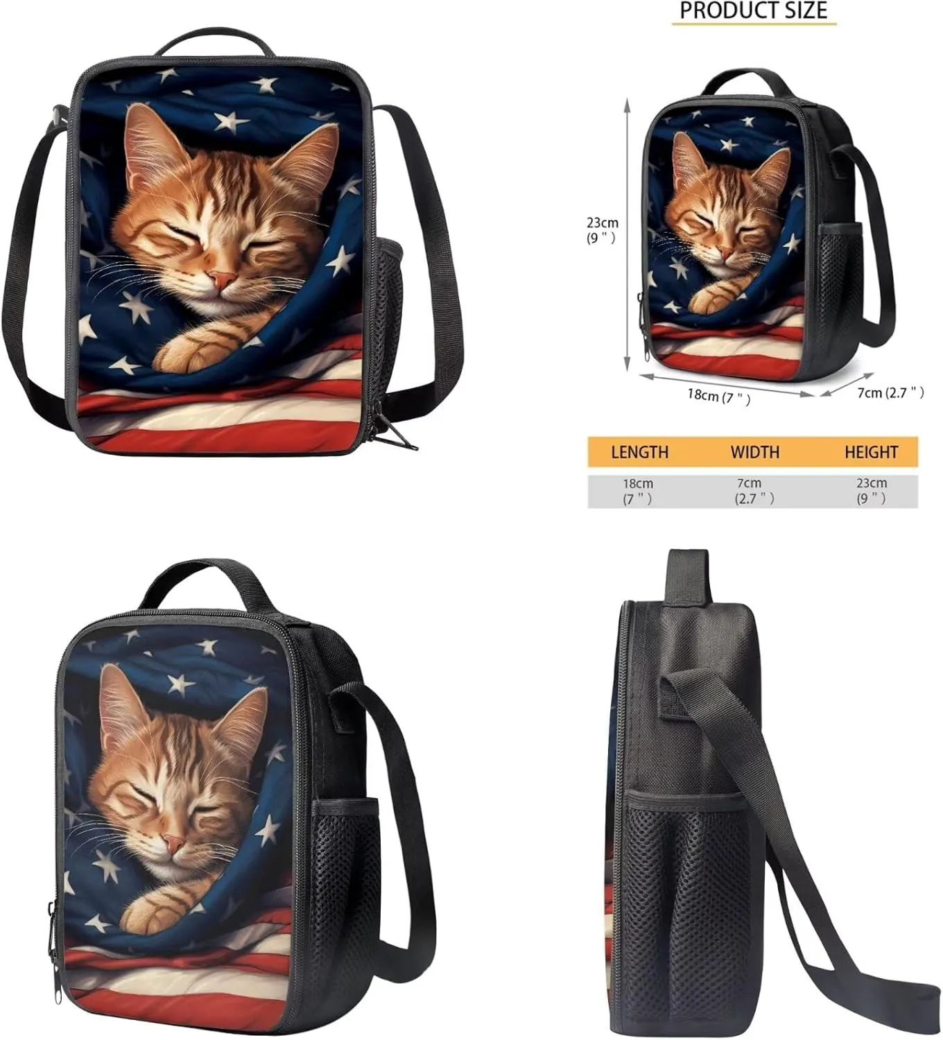 American Flag Cat Backpack for Girls Boys Backpack with Lunch Box Water Bottle Holder and Soft Pencil Pouch 4PCS Set Cute Bookbag with Compartments for School 17 inch Large School Bag for Kids