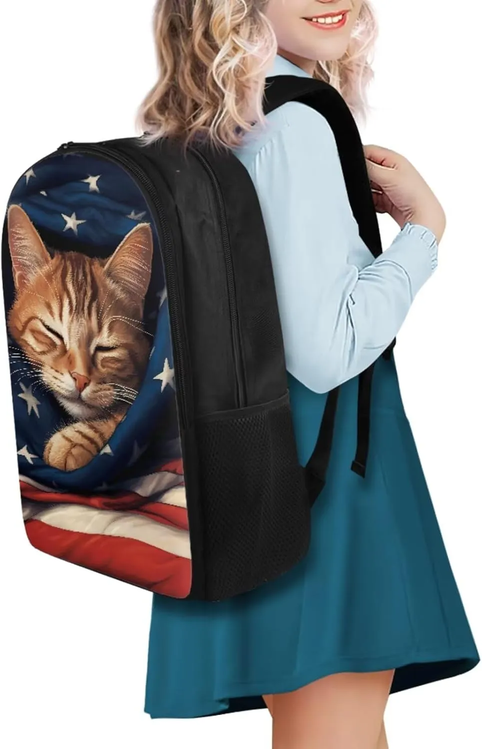 American Flag Cat Backpack for Girls Boys Backpack with Lunch Box Water Bottle Holder and Soft Pencil Pouch 4PCS Set Cute Bookbag with Compartments for School 17 inch Large School Bag for Kids