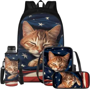 American Flag Cat Backpack for Girls Boys Backpack with Lunch Box Water Bottle Holder and Soft Pencil Pouch 4PCS Set Cute Bookbag with Compartments for School 17 inch Large School Bag for Kids