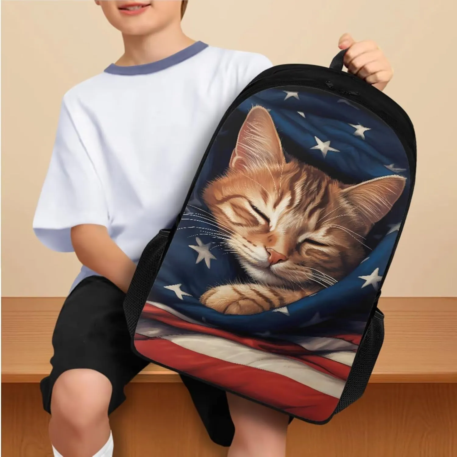 American Flag Cat Backpack for Girls Boys Backpack with Lunch Box Water Bottle Holder and Soft Pencil Pouch 4PCS Set Cute Bookbag with Compartments for School 17 inch Large School Bag for Kids