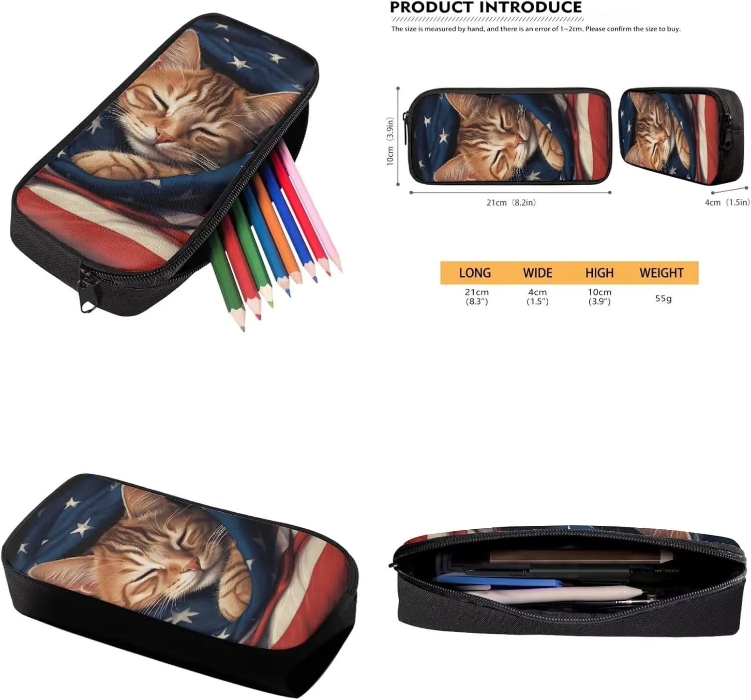 American Flag Cat Backpack for Girls Boys Backpack with Lunch Box Water Bottle Holder and Soft Pencil Pouch 4PCS Set Cute Bookbag with Compartments for School 17 inch Large School Bag for Kids