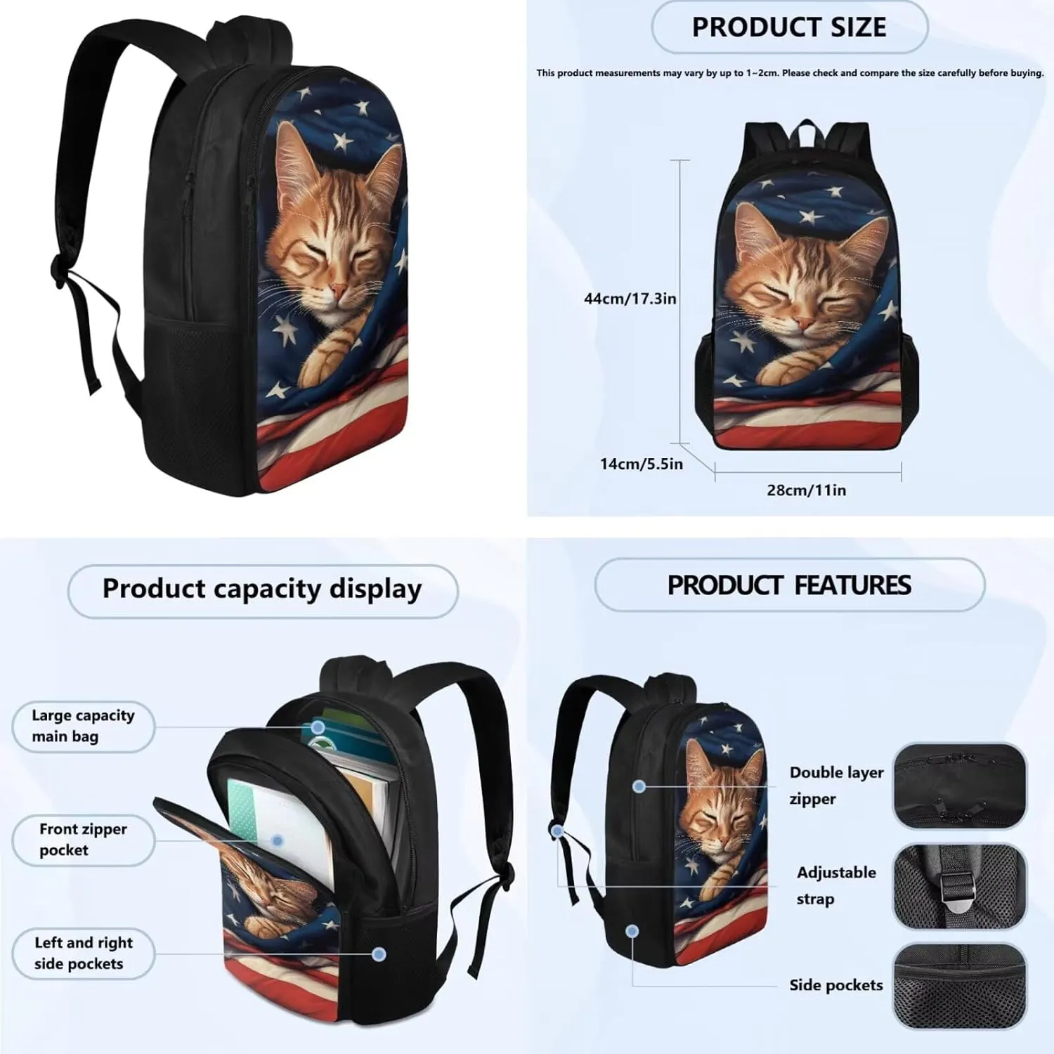 American Flag Cat Backpack for Girls Boys Backpack with Lunch Box Water Bottle Holder and Soft Pencil Pouch 4PCS Set Cute Bookbag with Compartments for School 17 inch Large School Bag for Kids