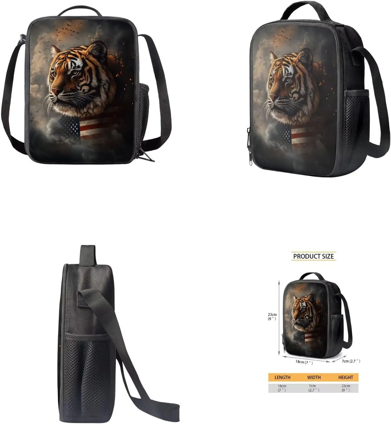 American Flag Tiger School Backpacks for Boys School Backpack with Lunch Bag Pencil Case Bottle Sleeve Lightweight Elementary School Bags for Boys Bookbag Cool Rucksack for Primary