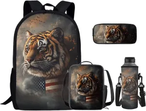 American Flag Tiger School Backpacks for Boys School Backpack with Lunch Bag Pencil Case Bottle Sleeve Lightweight Elementary School Bags for Boys Bookbag Cool Rucksack for Primary