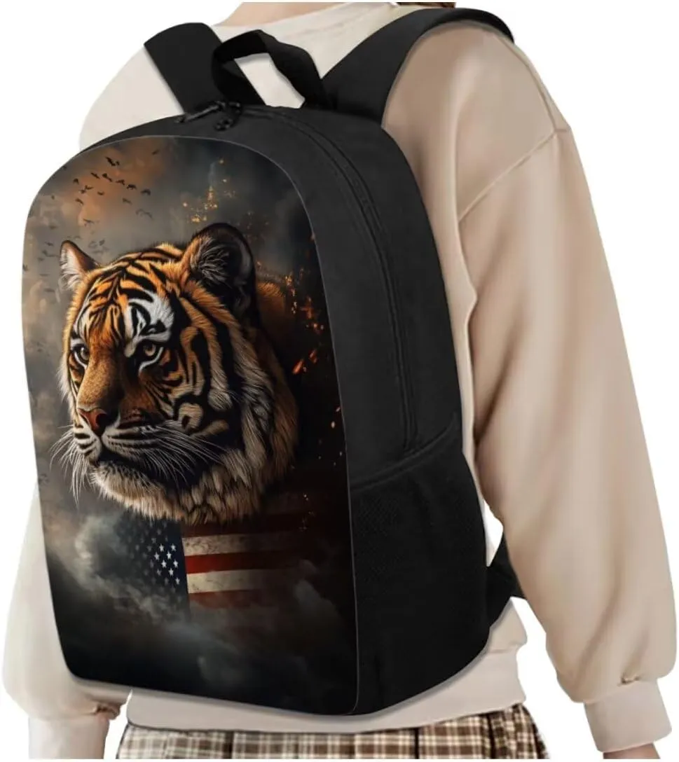 American Flag Tiger School Backpacks for Boys School Backpack with Lunch Bag Pencil Case Bottle Sleeve Lightweight Elementary School Bags for Boys Bookbag Cool Rucksack for Primary