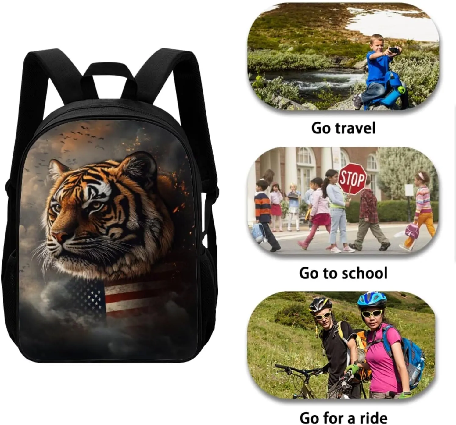 American Flag Tiger School Backpacks for Boys School Backpack with Lunch Bag Pencil Case Bottle Sleeve Lightweight Elementary School Bags for Boys Bookbag Cool Rucksack for Primary