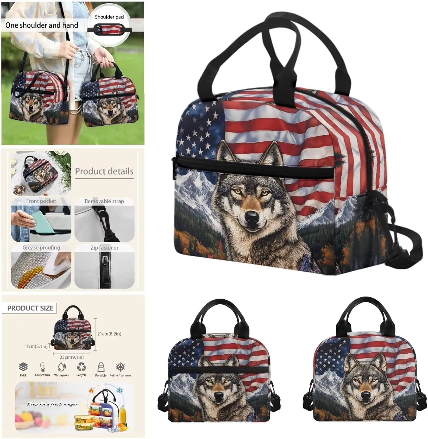 American Flag Wolf School Backpack for Boys with Lunch Box Pencil Case and Bottle Sleeve Backpacks for Teen Boys Bookbag 4 Piece Kids School Bag for Primary Elementary