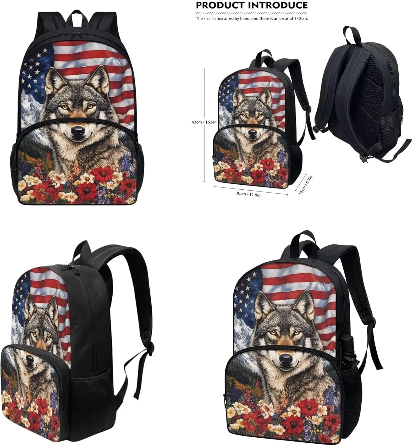 American Flag Wolf School Backpack for Boys with Lunch Box Pencil Case and Bottle Sleeve Backpacks for Teen Boys Bookbag 4 Piece Kids School Bag for Primary Elementary