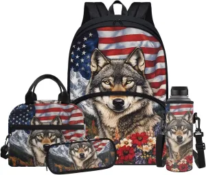American Flag Wolf School Backpack for Boys with Lunch Box Pencil Case and Bottle Sleeve Backpacks for Teen Boys Bookbag 4 Piece Kids School Bag for Primary Elementary