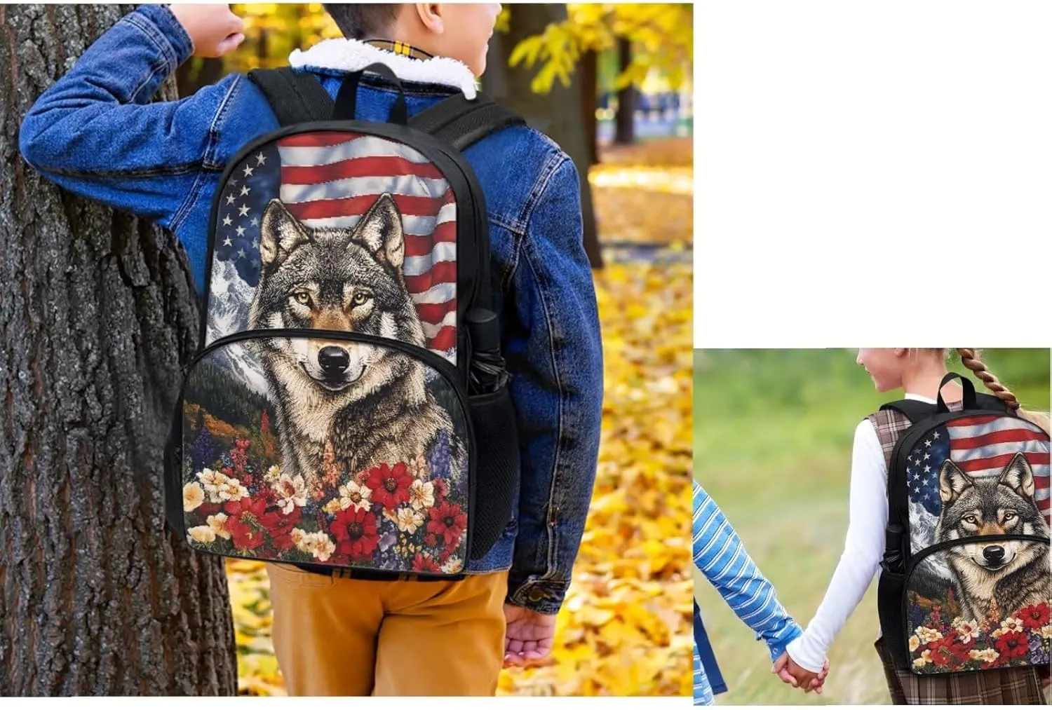 American Flag Wolf School Backpack for Boys with Lunch Box Pencil Case and Bottle Sleeve Backpacks for Teen Boys Bookbag 4 Piece Kids School Bag for Primary Elementary