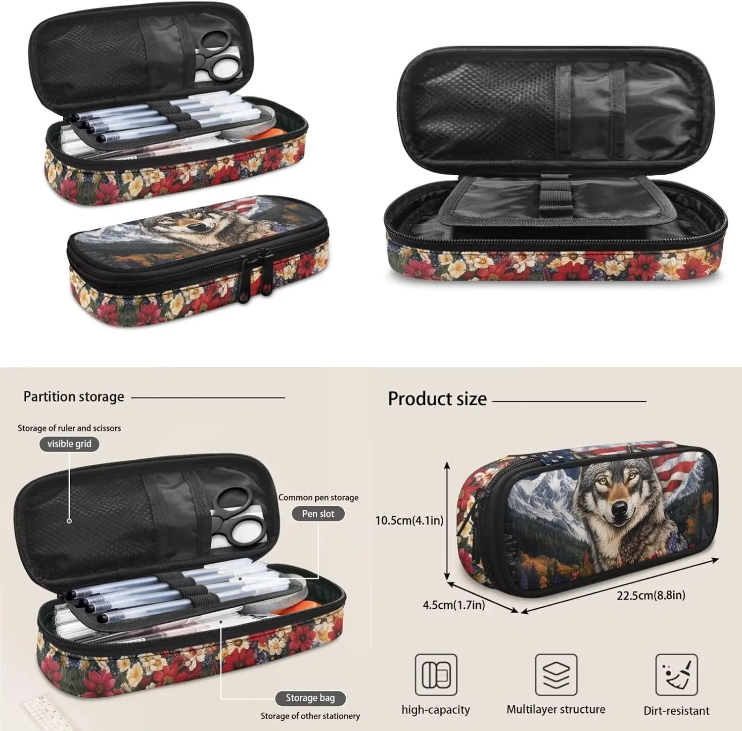 American Flag Wolf School Backpack for Boys with Lunch Box Pencil Case and Bottle Sleeve Backpacks for Teen Boys Bookbag 4 Piece Kids School Bag for Primary Elementary