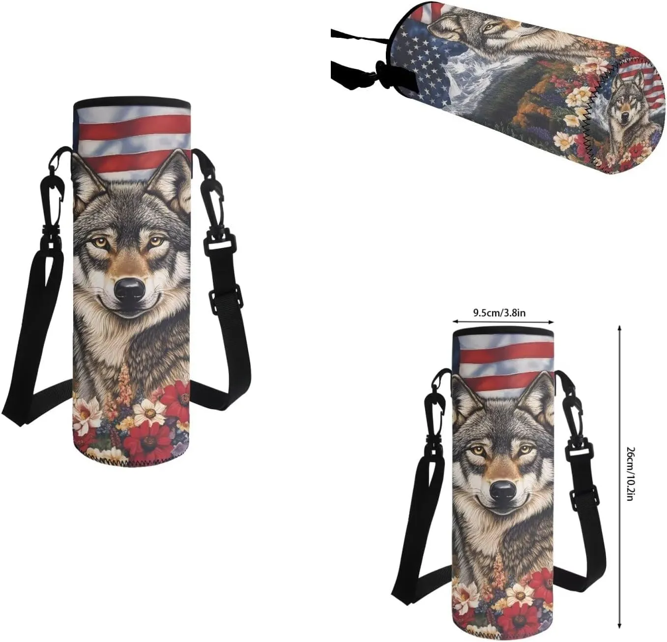 American Flag Wolf School Backpack for Boys with Lunch Box Pencil Case and Bottle Sleeve Backpacks for Teen Boys Bookbag 4 Piece Kids School Bag for Primary Elementary