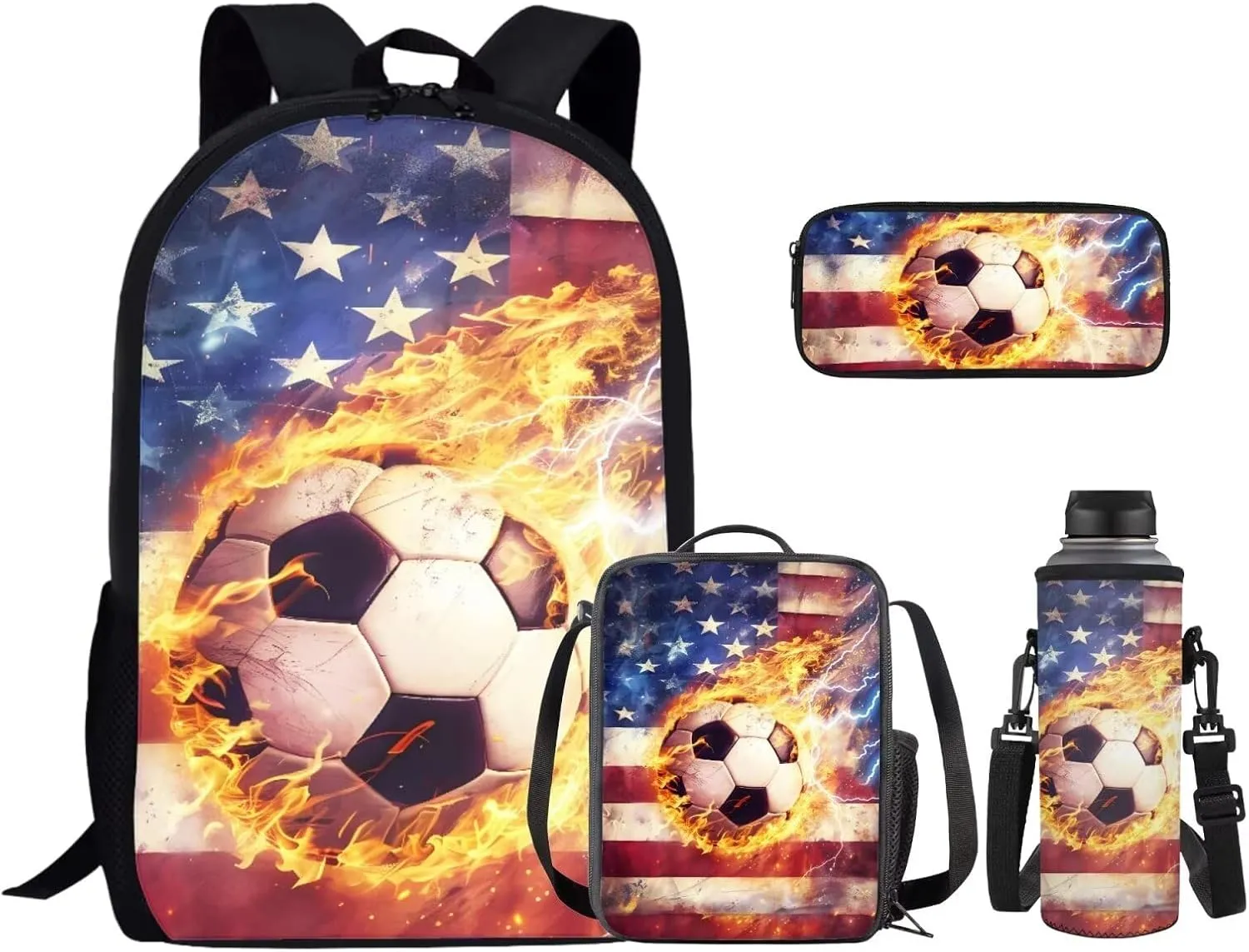 American Football Boys Backpacks for Elementary School Bags for Kids 8Th with Lunch Box Water Bottle Holder with Strap and Pencil Pouch 4 In 1 Lightweight Shoulder Bags Daypack