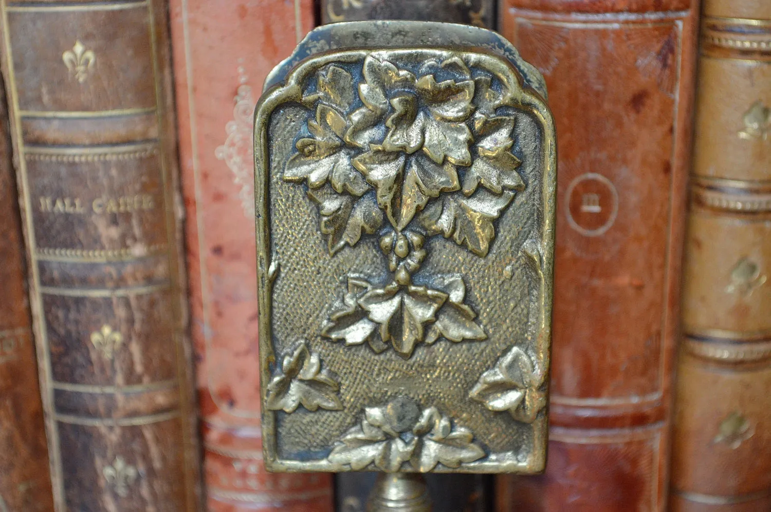 Antique French Match Safe Tabletop Stand Gilt Brass Grape Leaves