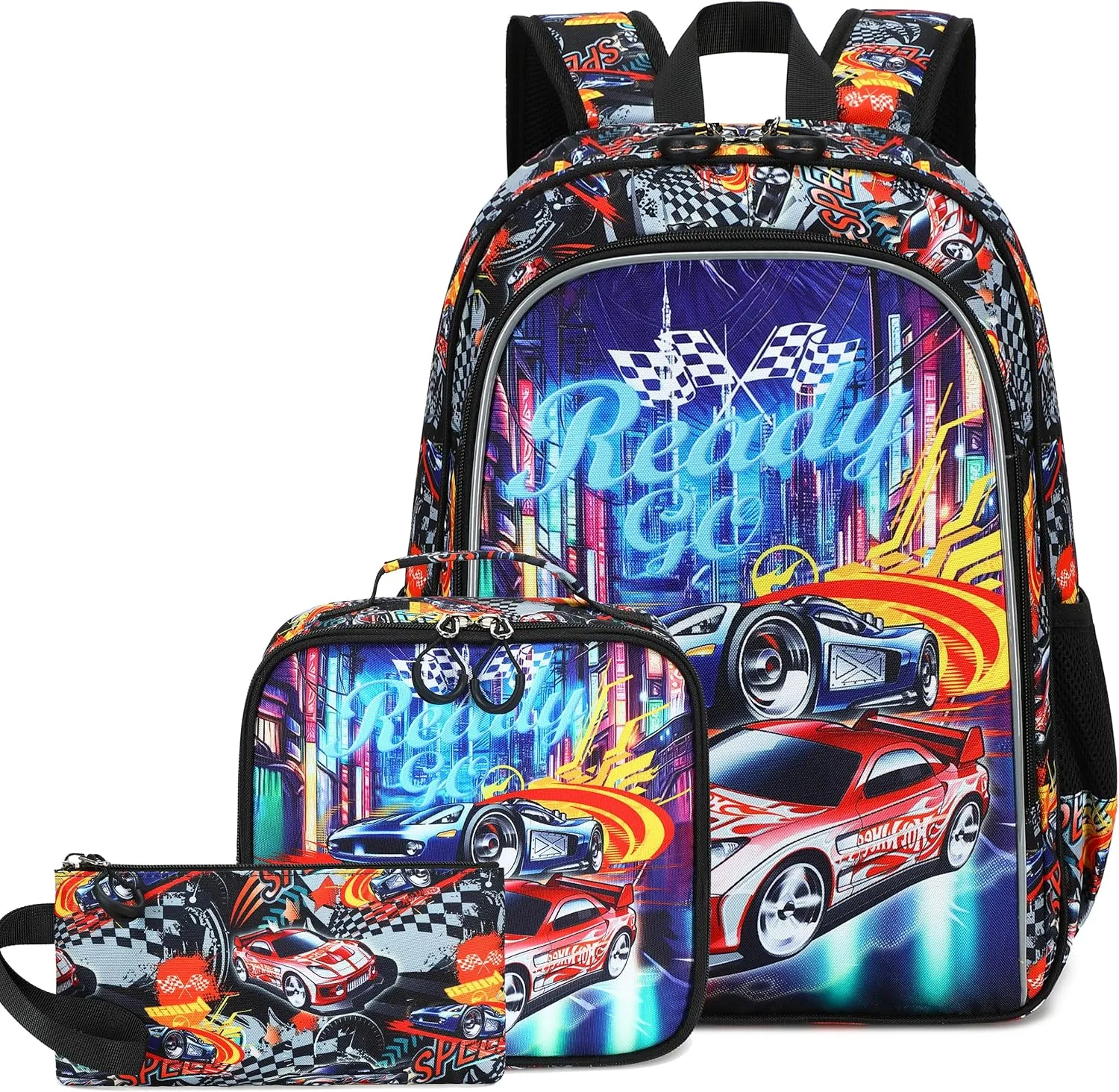AO ALI VICTORY 3 Piece Backpack Set for Girls Boys, Kids 15.6" School Laptop Bag,Girl Bookbag Kindergarten Elementary Toddler Backpacks with Lunch Box Pencil Case for Teens Student,Cool Car