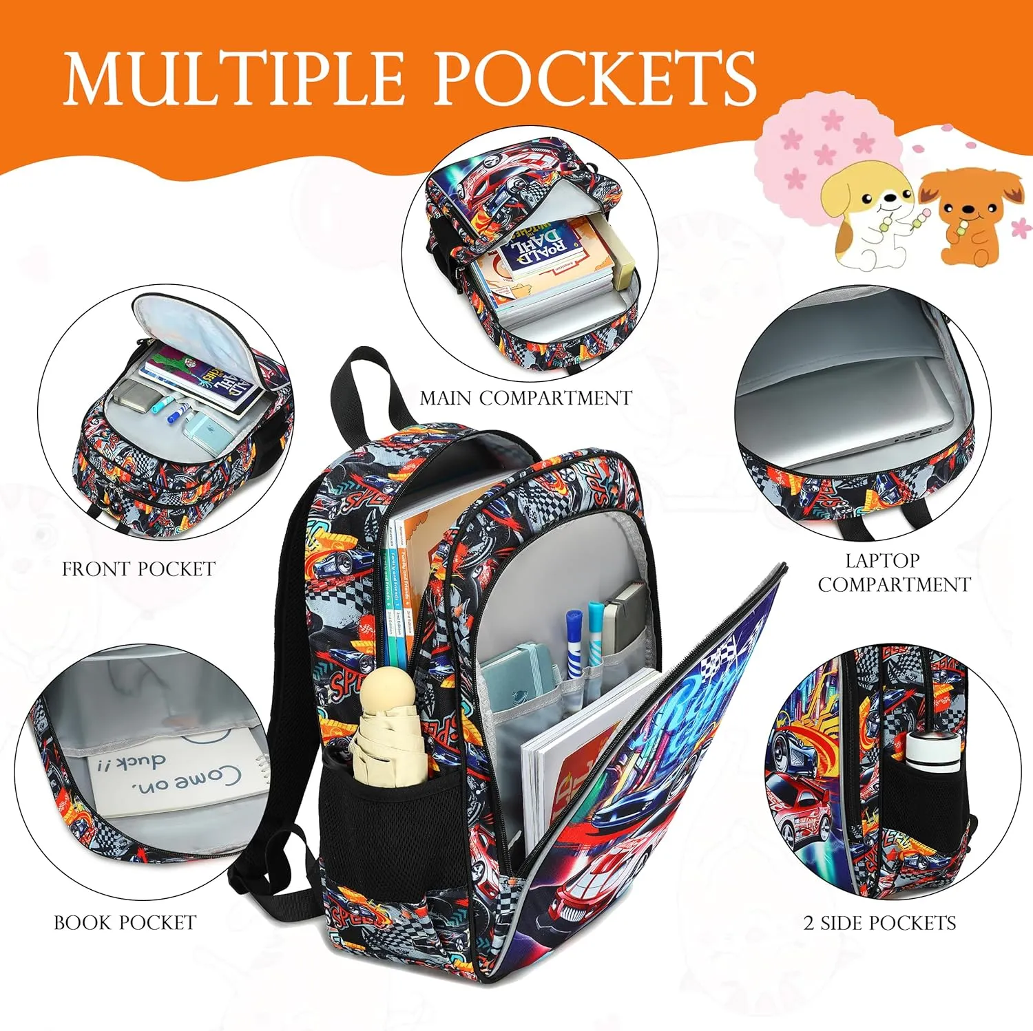AO ALI VICTORY 3 Piece Backpack Set for Girls Boys, Kids 15.6" School Laptop Bag,Girl Bookbag Kindergarten Elementary Toddler Backpacks with Lunch Box Pencil Case for Teens Student,Cool Car