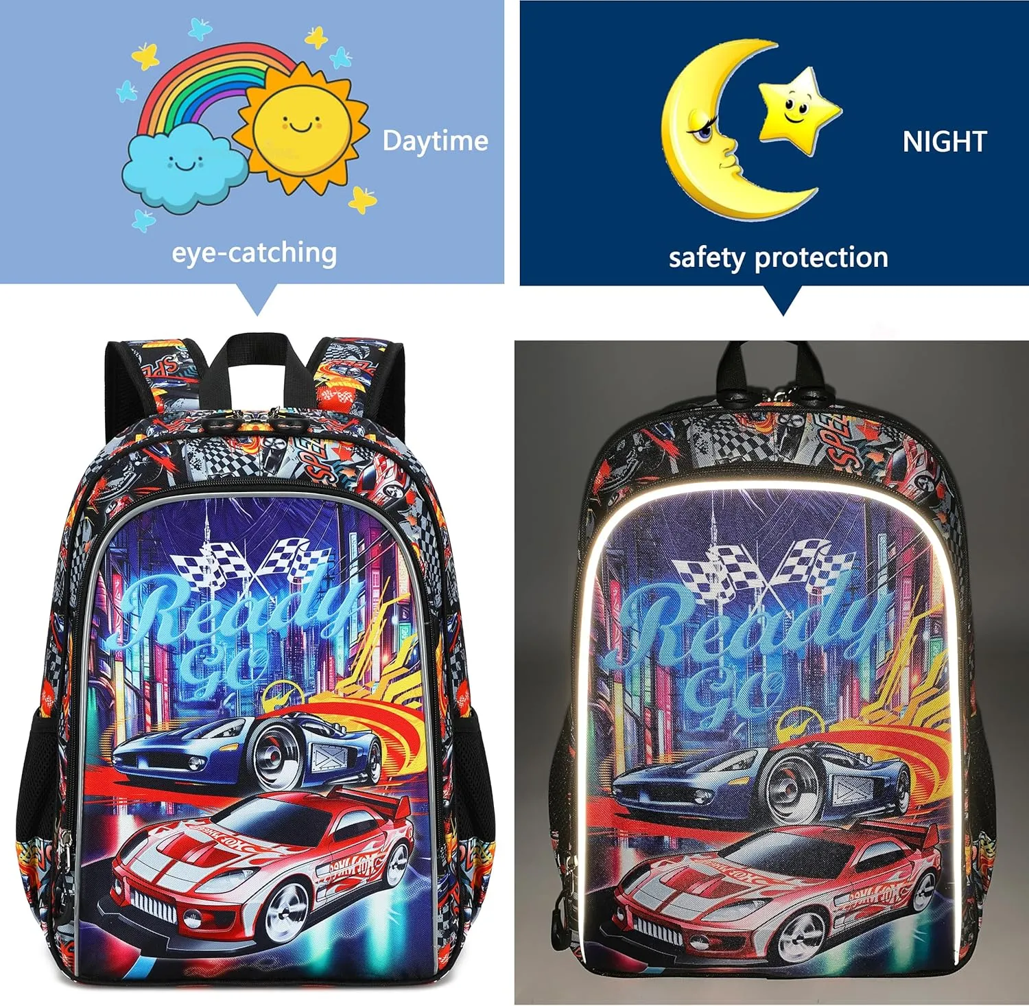 AO ALI VICTORY 3 Piece Backpack Set for Girls Boys, Kids 15.6" School Laptop Bag,Girl Bookbag Kindergarten Elementary Toddler Backpacks with Lunch Box Pencil Case for Teens Student,Cool Car