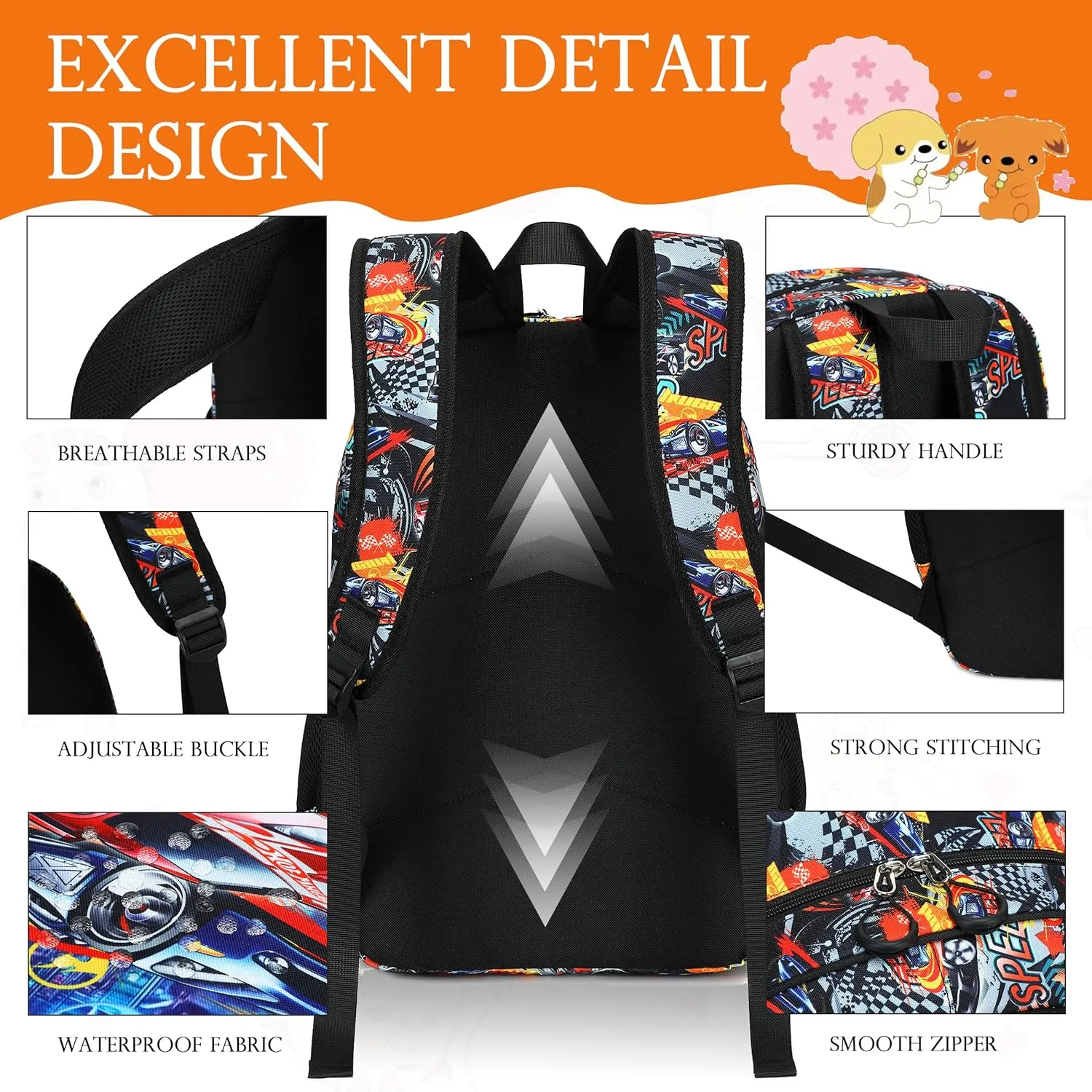 AO ALI VICTORY 3 Piece Backpack Set for Girls Boys, Kids 15.6" School Laptop Bag,Girl Bookbag Kindergarten Elementary Toddler Backpacks with Lunch Box Pencil Case for Teens Student,Cool Car