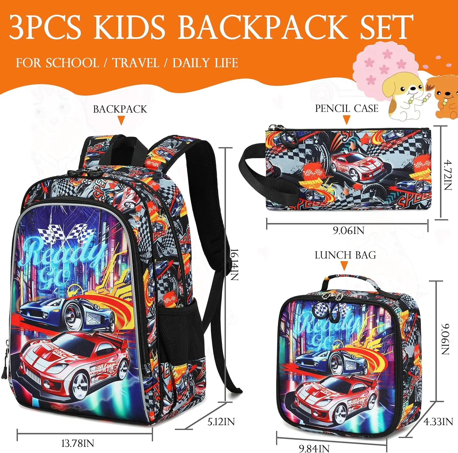 AO ALI VICTORY 3 Piece Backpack Set for Girls Boys, Kids 15.6" School Laptop Bag,Girl Bookbag Kindergarten Elementary Toddler Backpacks with Lunch Box Pencil Case for Teens Student,Cool Car