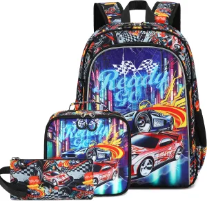 AO ALI VICTORY 3 Piece Backpack Set for Girls Boys, Kids 15.6" School Laptop Bag,Girl Bookbag Kindergarten Elementary Toddler Backpacks with Lunch Box Pencil Case for Teens Student,Cool Car