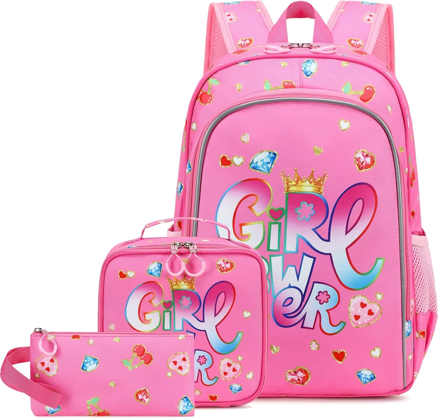 AO ALI VICTORY 3 Piece Backpack Set for Girls Boys, Kids 15.6" School Laptop Bag,Girl Bookbag Kindergarten Elementary Toddler Backpacks with Lunch Box Pencil Case for Teens Student,Shining Diamond