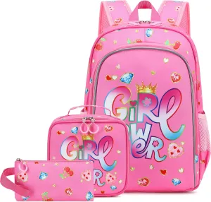 AO ALI VICTORY 3 Piece Backpack Set for Girls Boys, Kids 15.6" School Laptop Bag,Girl Bookbag Kindergarten Elementary Toddler Backpacks with Lunch Box Pencil Case for Teens Student,Shining Diamond
