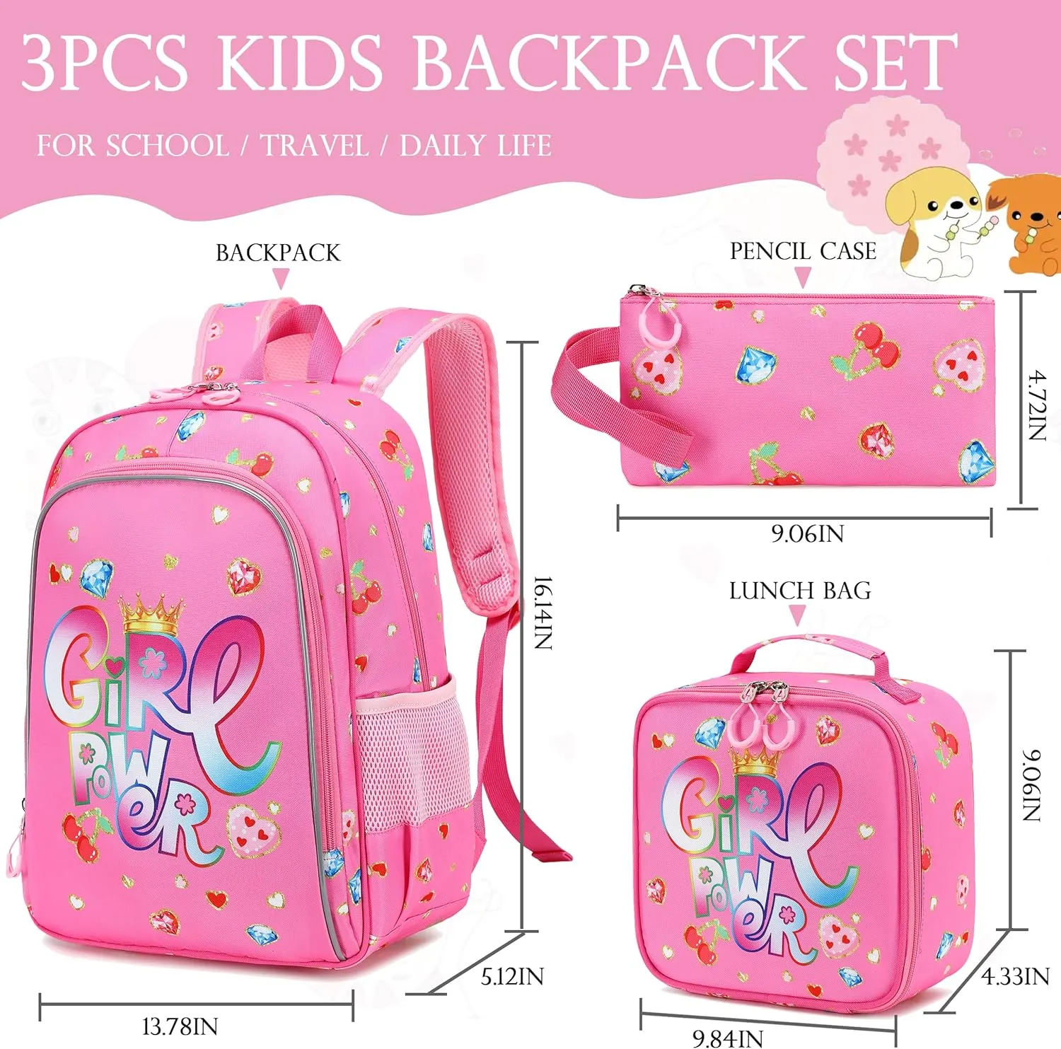 AO ALI VICTORY 3 Piece Backpack Set for Girls Boys, Kids 15.6" School Laptop Bag,Girl Bookbag Kindergarten Elementary Toddler Backpacks with Lunch Box Pencil Case for Teens Student,Shining Diamond