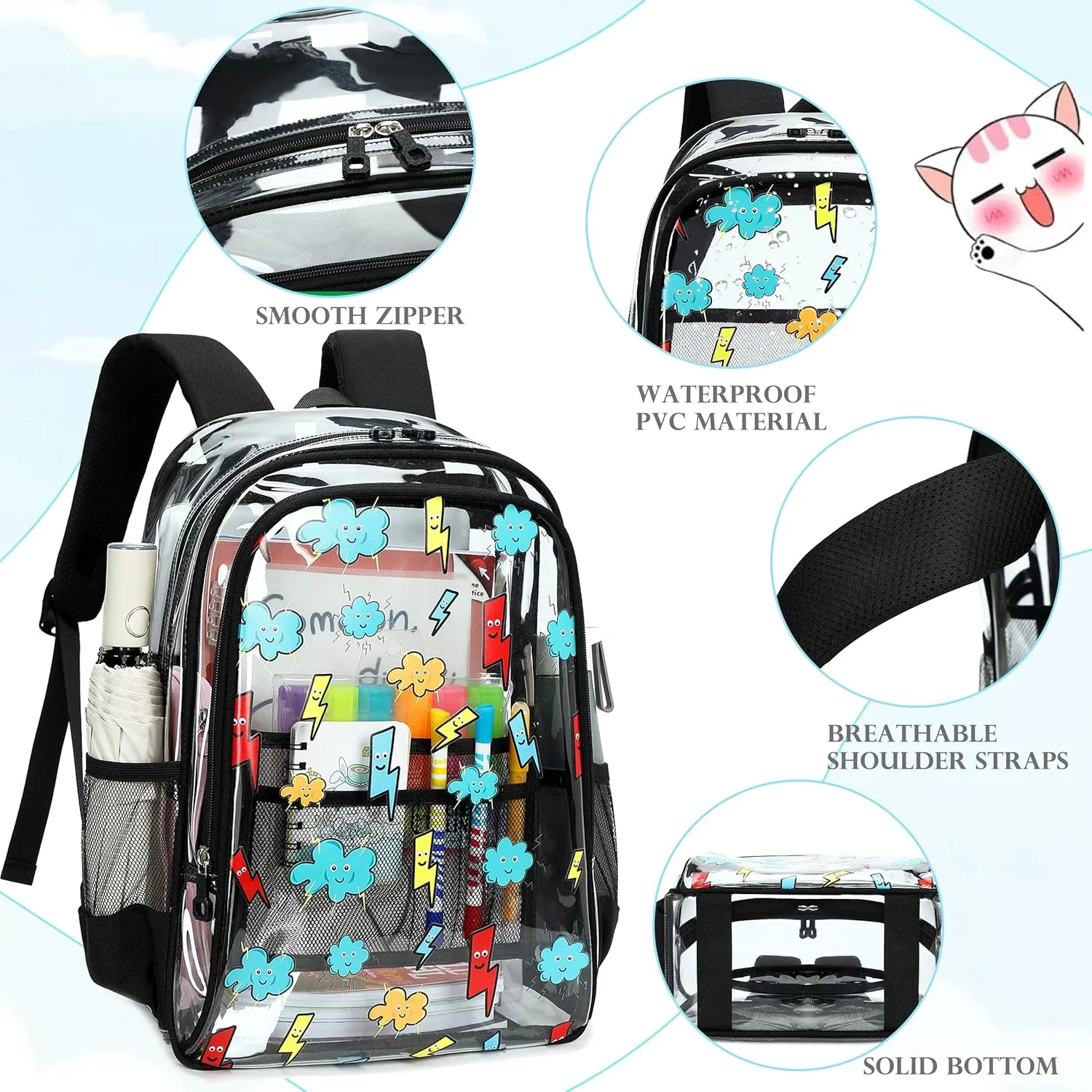 AO ALI VICTORY Clear Backpack for Boys Girls,16 Inch Kids Clear Backpack Set with Lunch Bag PVC Elementary Bookbag for School Students See Through Transparent Travel Back Pack,Black Lightning