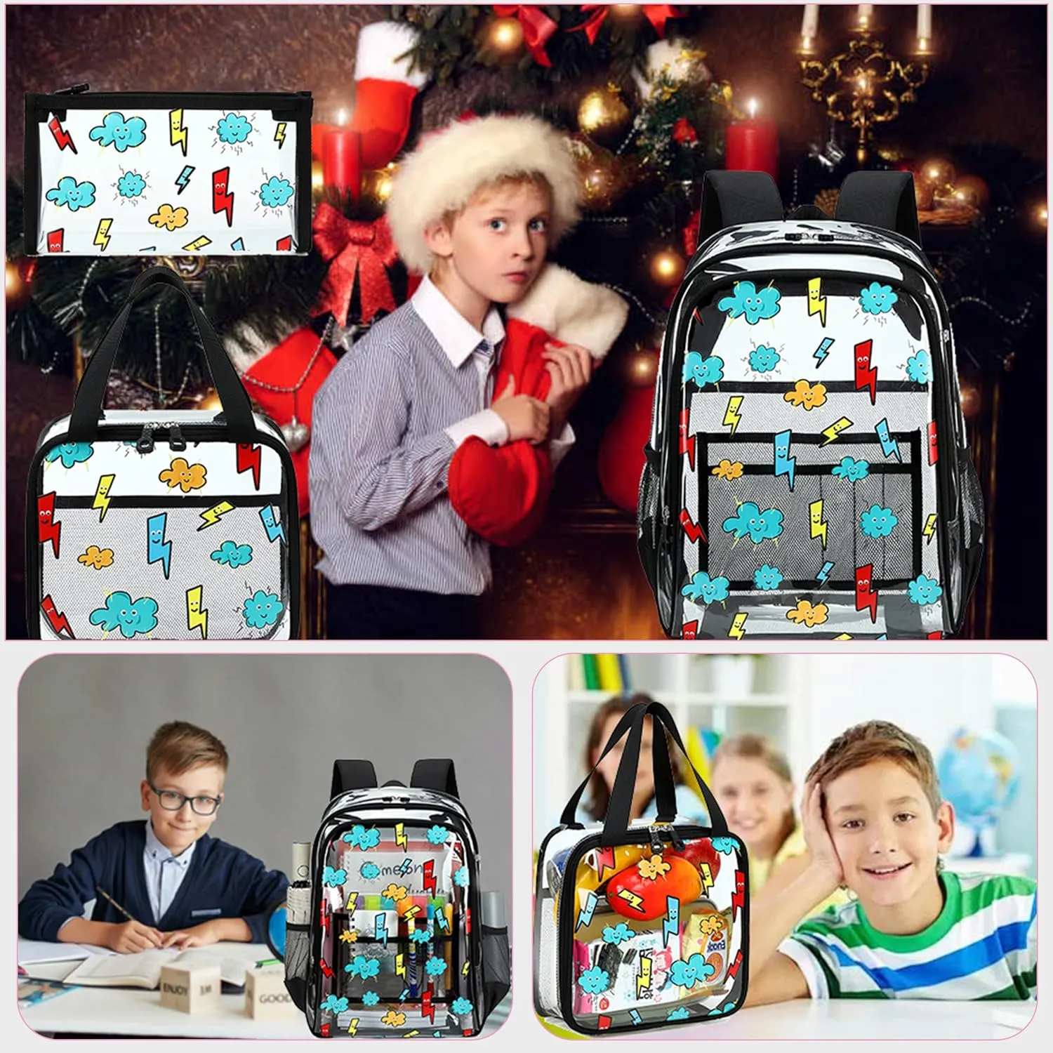AO ALI VICTORY Clear Backpack for Boys Girls,16 Inch Kids Clear Backpack Set with Lunch Bag PVC Elementary Bookbag for School Students See Through Transparent Travel Back Pack,Black Lightning