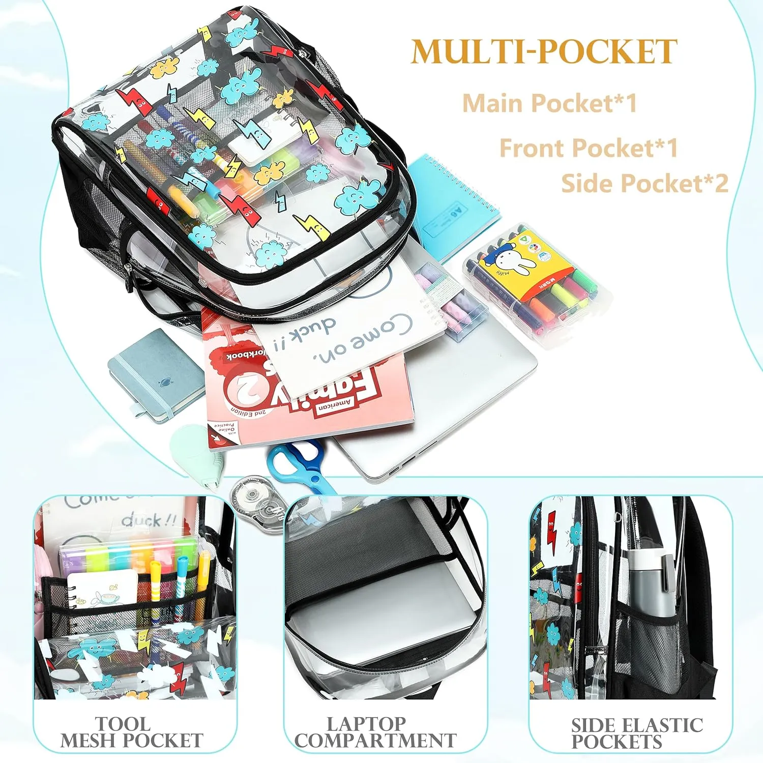 AO ALI VICTORY Clear Backpack for Boys Girls,16 Inch Kids Clear Backpack Set with Lunch Bag PVC Elementary Bookbag for School Students See Through Transparent Travel Back Pack,Black Lightning