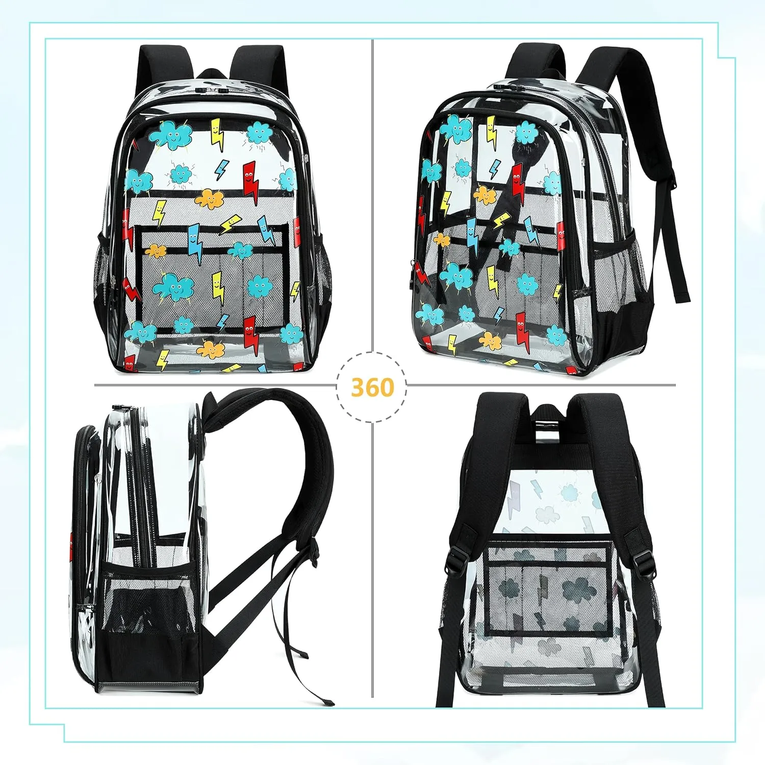 AO ALI VICTORY Clear Backpack for Boys Girls,16 Inch Kids Clear Backpack Set with Lunch Bag PVC Elementary Bookbag for School Students See Through Transparent Travel Back Pack,Black Lightning