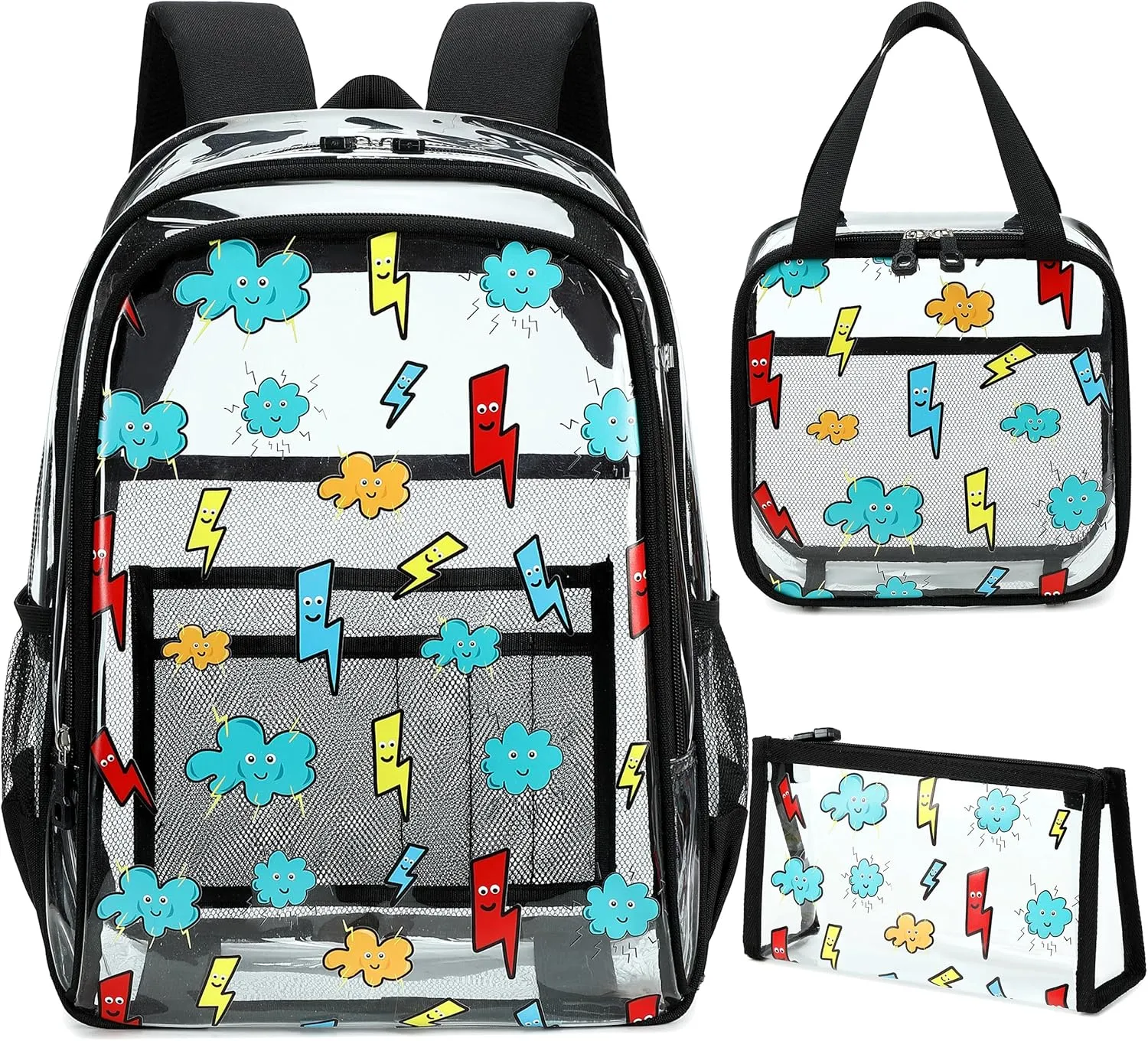 AO ALI VICTORY Clear Backpack for Boys Girls,16 Inch Kids Clear Backpack Set with Lunch Bag PVC Elementary Bookbag for School Students See Through Transparent Travel Back Pack,Black Lightning