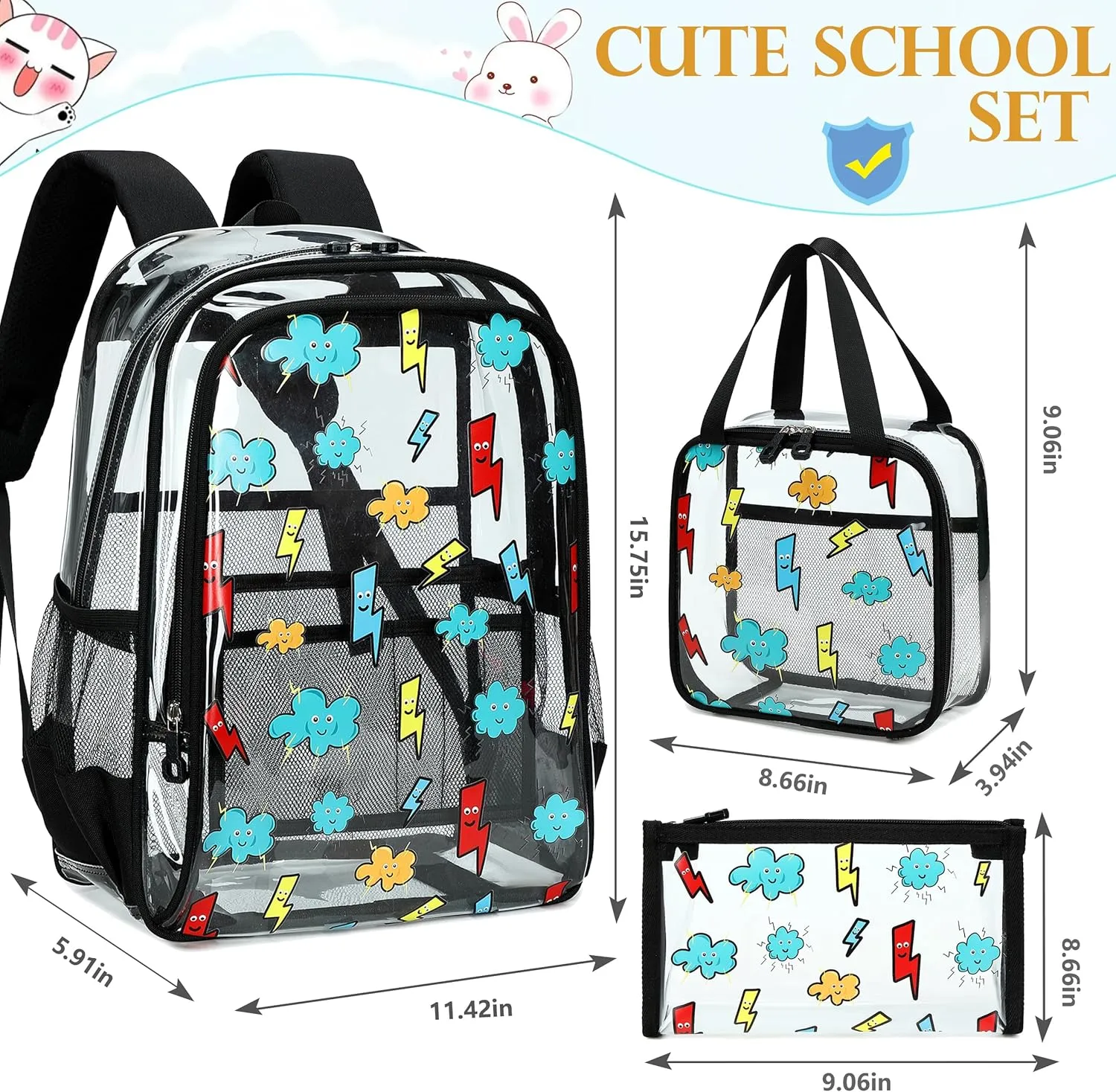 AO ALI VICTORY Clear Backpack for Boys Girls,16 Inch Kids Clear Backpack Set with Lunch Bag PVC Elementary Bookbag for School Students See Through Transparent Travel Back Pack,Black Lightning