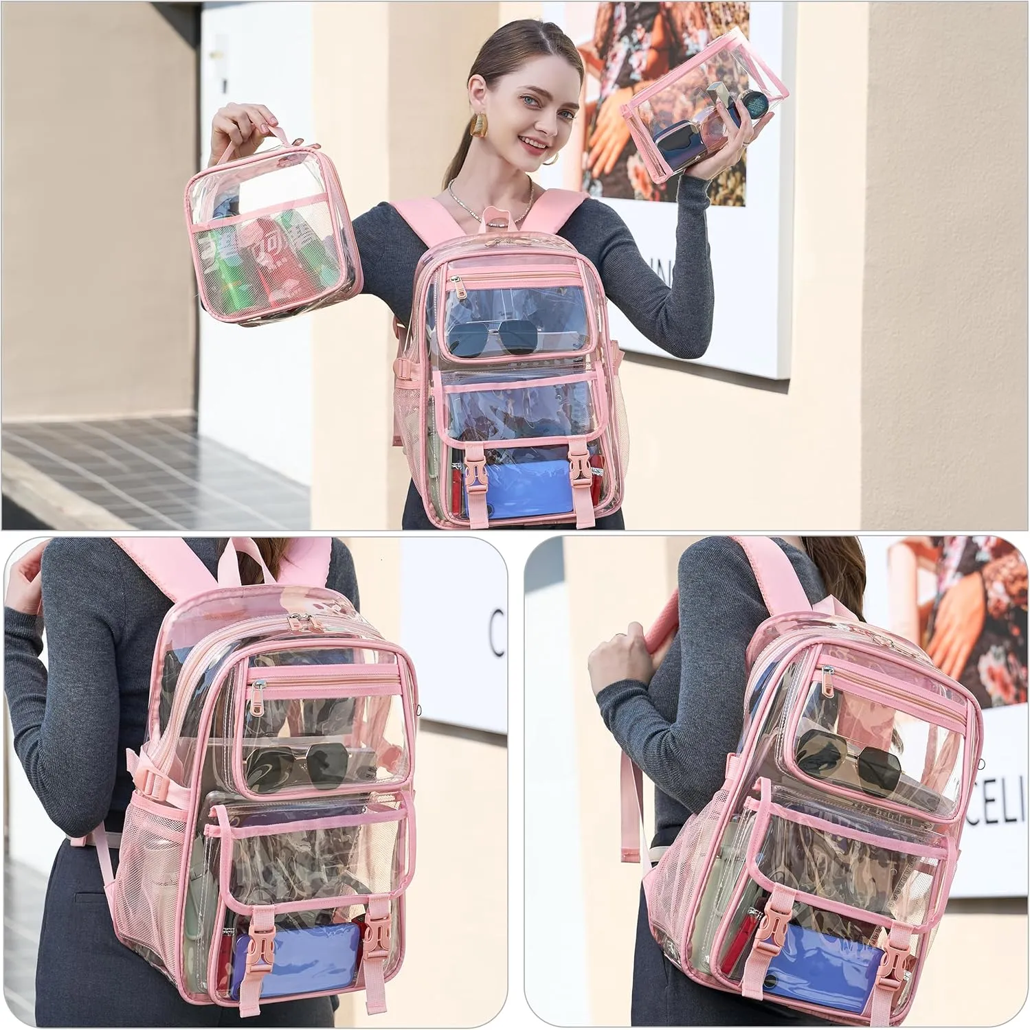 AO ALI VICTORY Large Clear Backpack For Women Men Girls 16 inch Laptop School Bookbag Heavy Duty PVC Transparent Backpacks for College Work Travel See Through Back Pack for Sport Events,Stadium, Pink