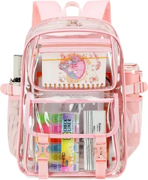 AO ALI VICTORY Large Clear Backpack For Women Men Girls 16 inch Laptop School Bookbag Heavy Duty PVC Transparent Backpacks for College Work Travel See Through Back Pack for Sport Events,Stadium, Pink