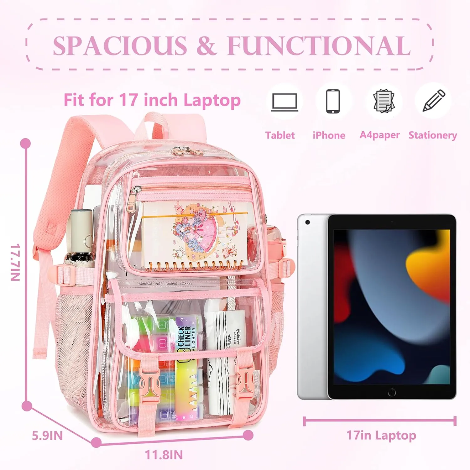 AO ALI VICTORY Large Clear Backpack For Women Men Girls 16 inch Laptop School Bookbag Heavy Duty PVC Transparent Backpacks for College Work Travel See Through Back Pack for Sport Events,Stadium, Pink