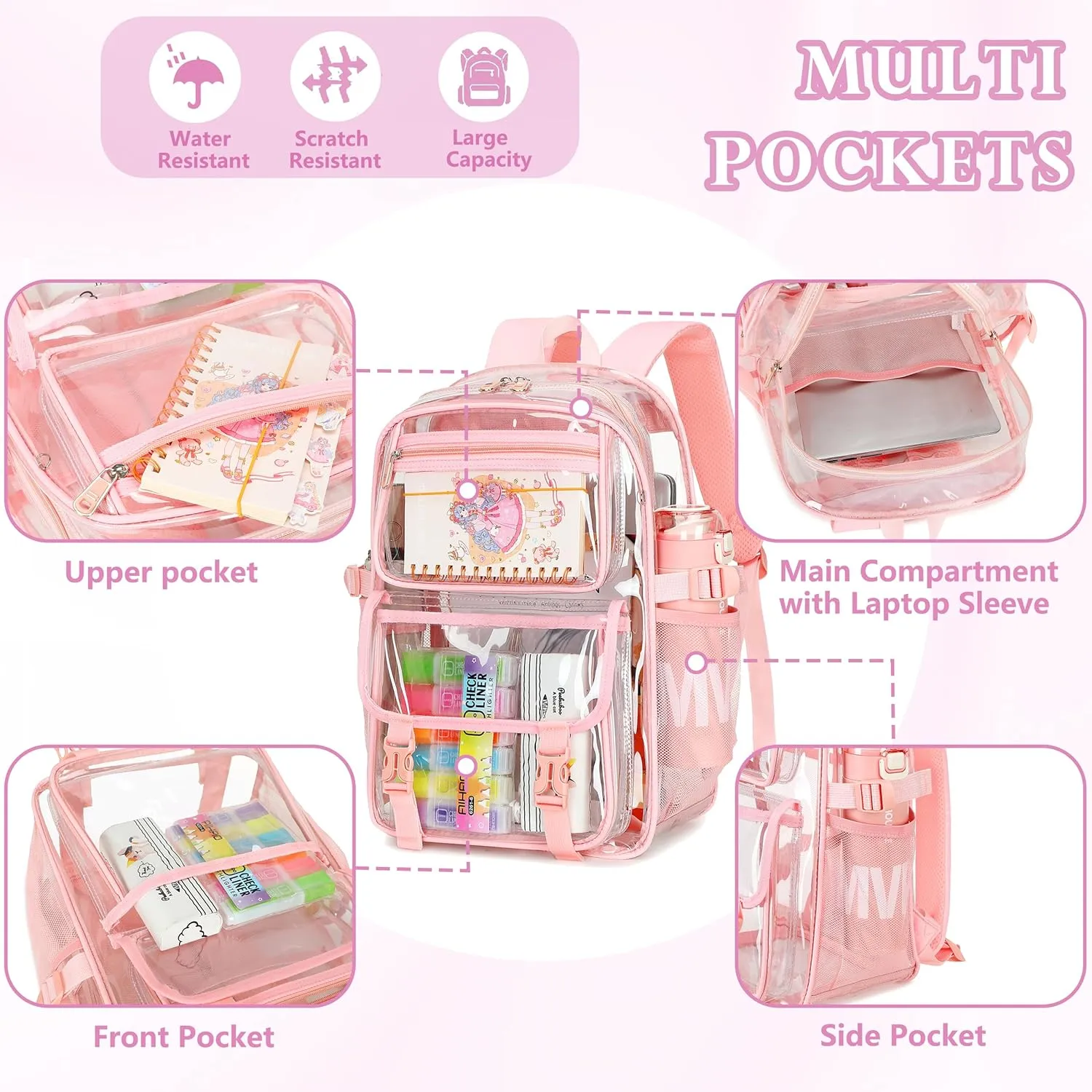 AO ALI VICTORY Large Clear Backpack For Women Men Girls 16 inch Laptop School Bookbag Heavy Duty PVC Transparent Backpacks for College Work Travel See Through Back Pack for Sport Events,Stadium, Pink