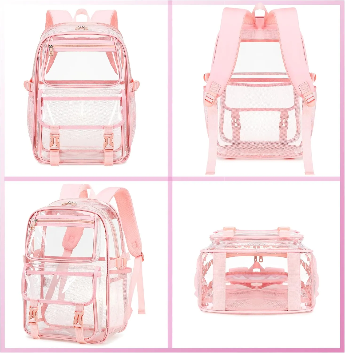AO ALI VICTORY Large Clear Backpack For Women Men Girls 16 inch Laptop School Bookbag Heavy Duty PVC Transparent Backpacks for College Work Travel See Through Back Pack for Sport Events,Stadium, Pink