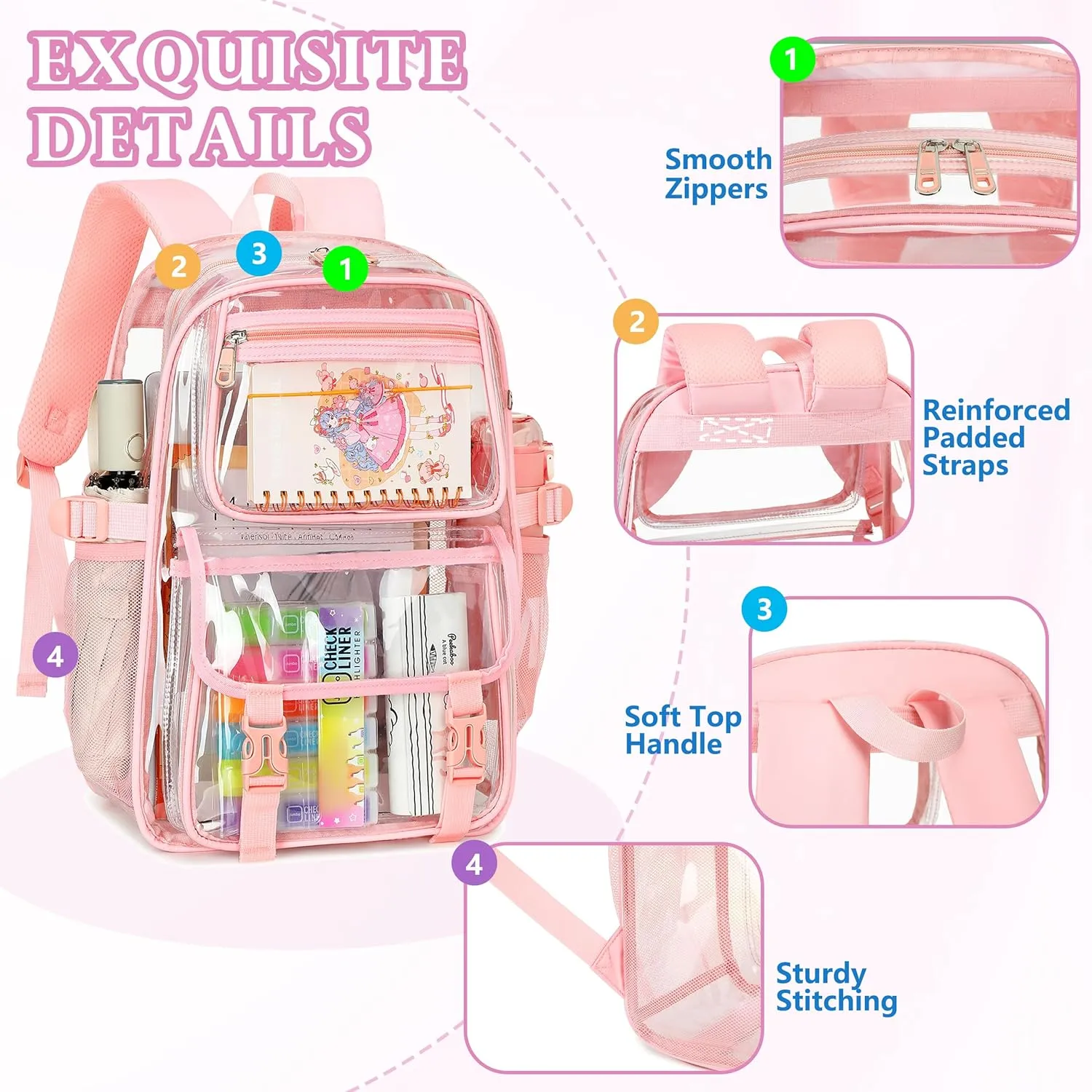 AO ALI VICTORY Large Clear Backpack For Women Men Girls 16 inch Laptop School Bookbag Heavy Duty PVC Transparent Backpacks for College Work Travel See Through Back Pack for Sport Events,Stadium, Pink