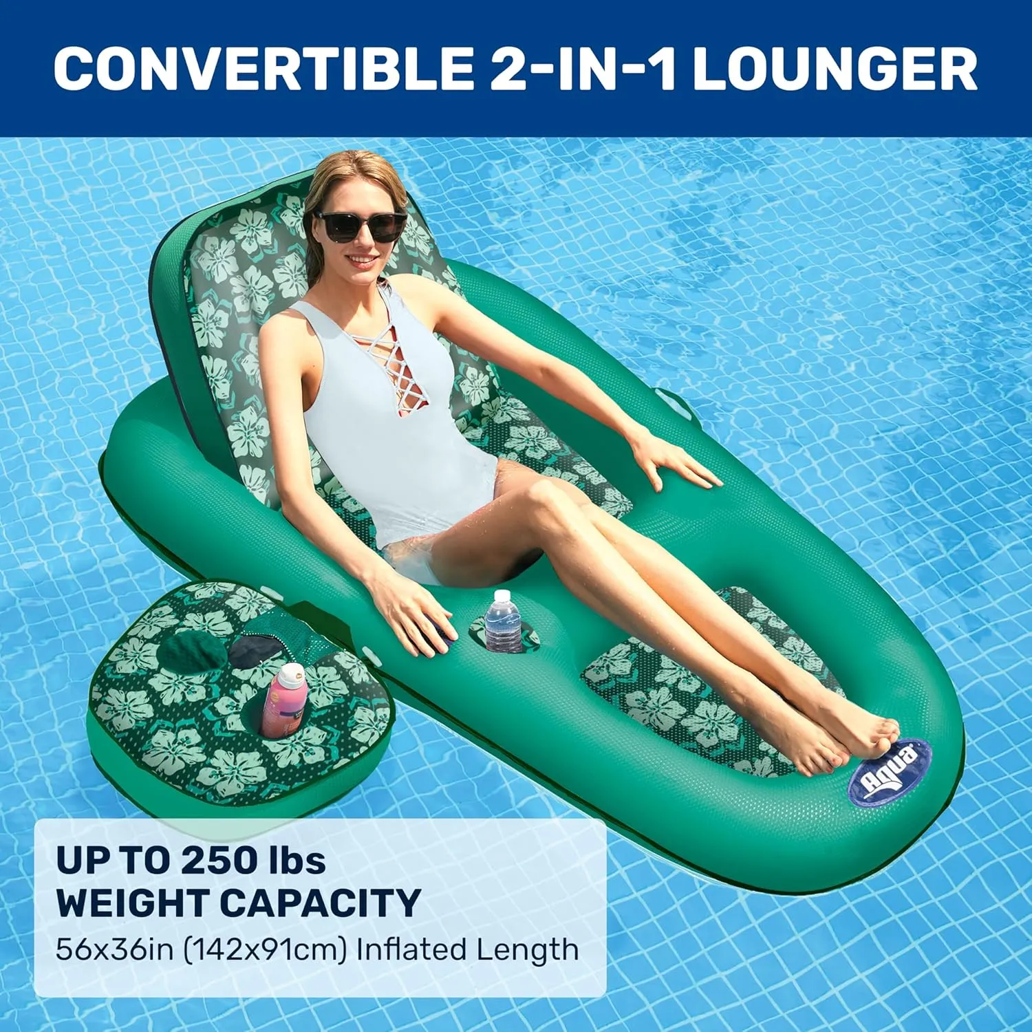 Aqua Campania Ultimate 2-in-1 Pool Float Lounge – Extra Large – Inflatable Pool Floats for Adults with Adjustable Backrest & Cupholder Caddy – Multiple Colors/Styles