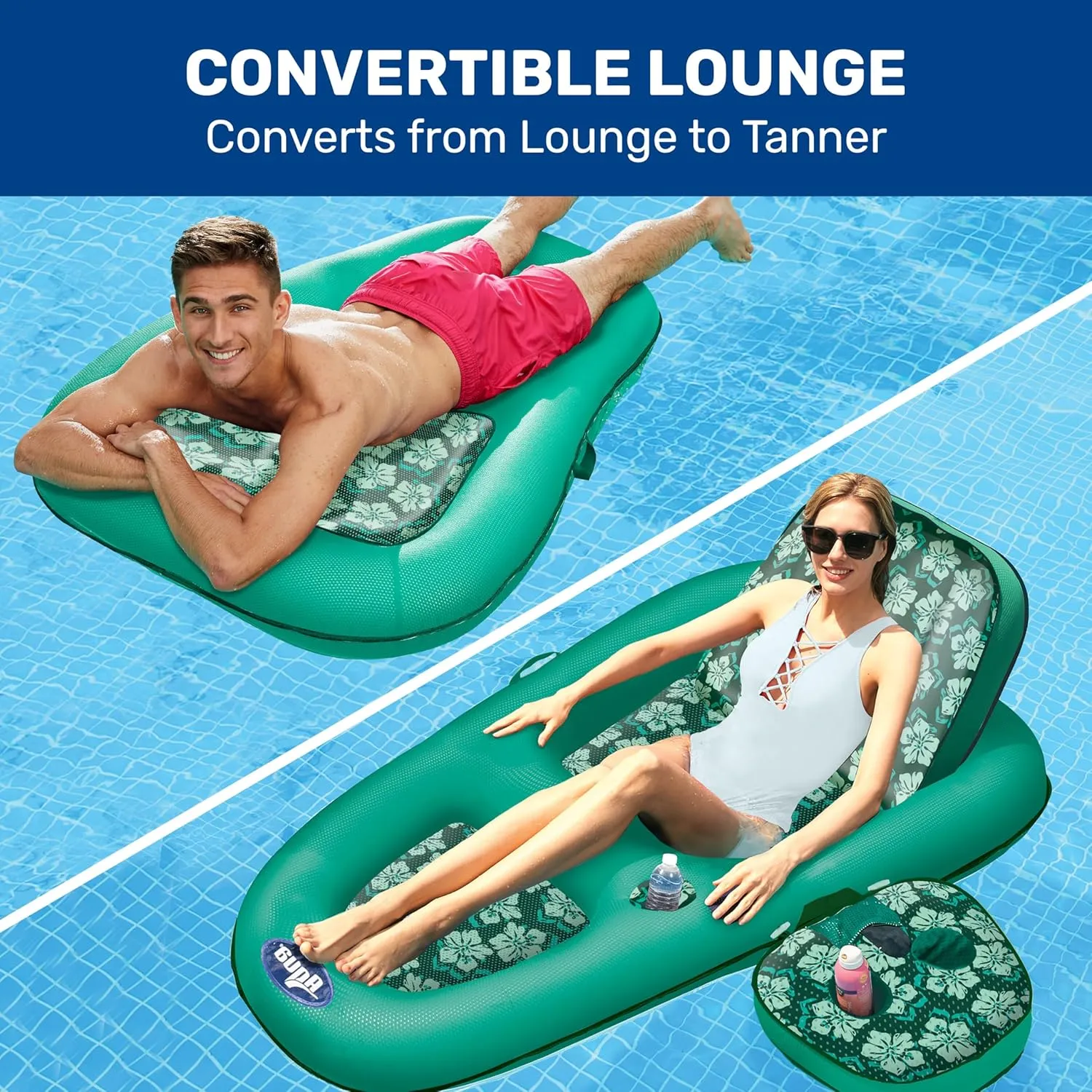 Aqua Campania Ultimate 2-in-1 Pool Float Lounge – Extra Large – Inflatable Pool Floats for Adults with Adjustable Backrest & Cupholder Caddy – Multiple Colors/Styles
