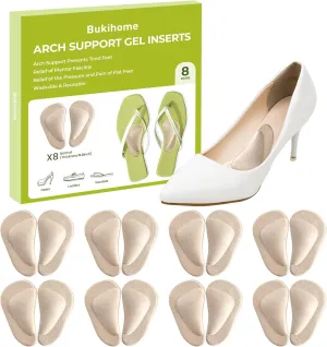 Arch Support Shoe Insoles & Insert - Bukihome Gel Arch Inserts for Flat Feet, Plantar Fasciitis - Adhesive Arch Pad for Foot Pain Relief - All Day Comfort - 0.47 Inch - 8 Pairs (Beige)