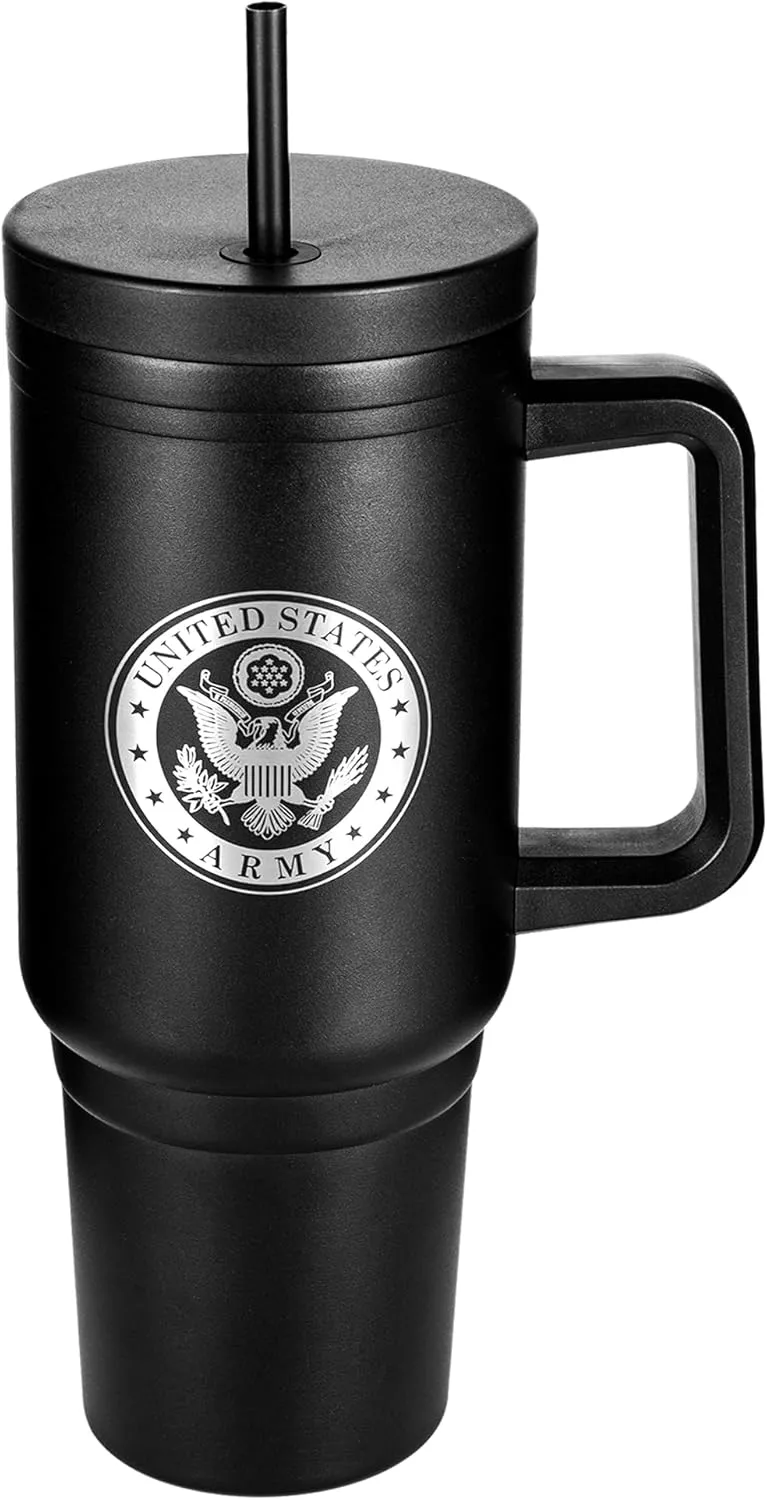 Army 40oz Insulated Tumbler with Handle, Lid & Straw - US ARMY Gifts - Use for Water, Tea, Coffee & More-Disabled USMC Vet Owned Small Business