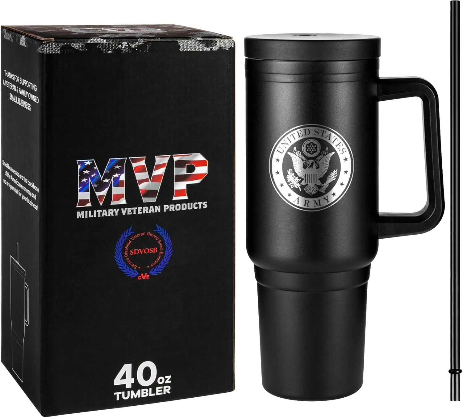 Army 40oz Insulated Tumbler with Handle, Lid & Straw - US ARMY Gifts - Use for Water, Tea, Coffee & More-Disabled USMC Vet Owned Small Business
